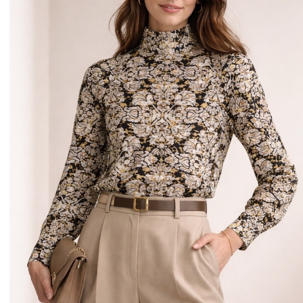 Bucket List Women Mock Neck Long Sleeve Floral Damask Print Blouse Tan Black g3